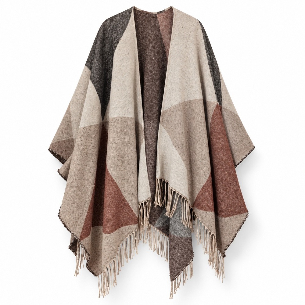 Goodthreads Poncho One Size Multi Color Geometric Fringe Knit Wrap Shawl Boho